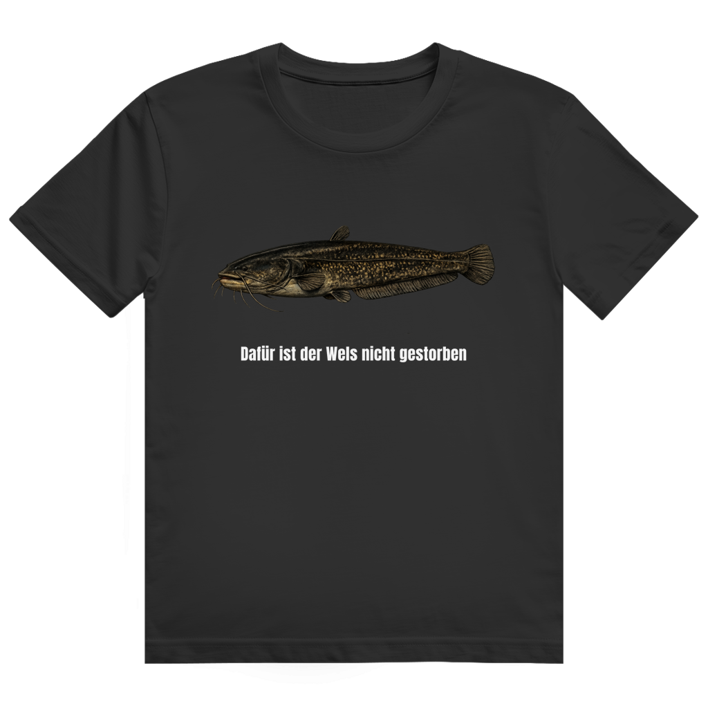 Schwarzes T-Shirt mit dem Aufdruck „Dafür ist der Wels nicht gestorben" auf der Brust