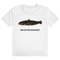 Weißes T-Shirt mit dem Aufdruck „Dafür ist der Wels nicht gestorben" auf der Brust