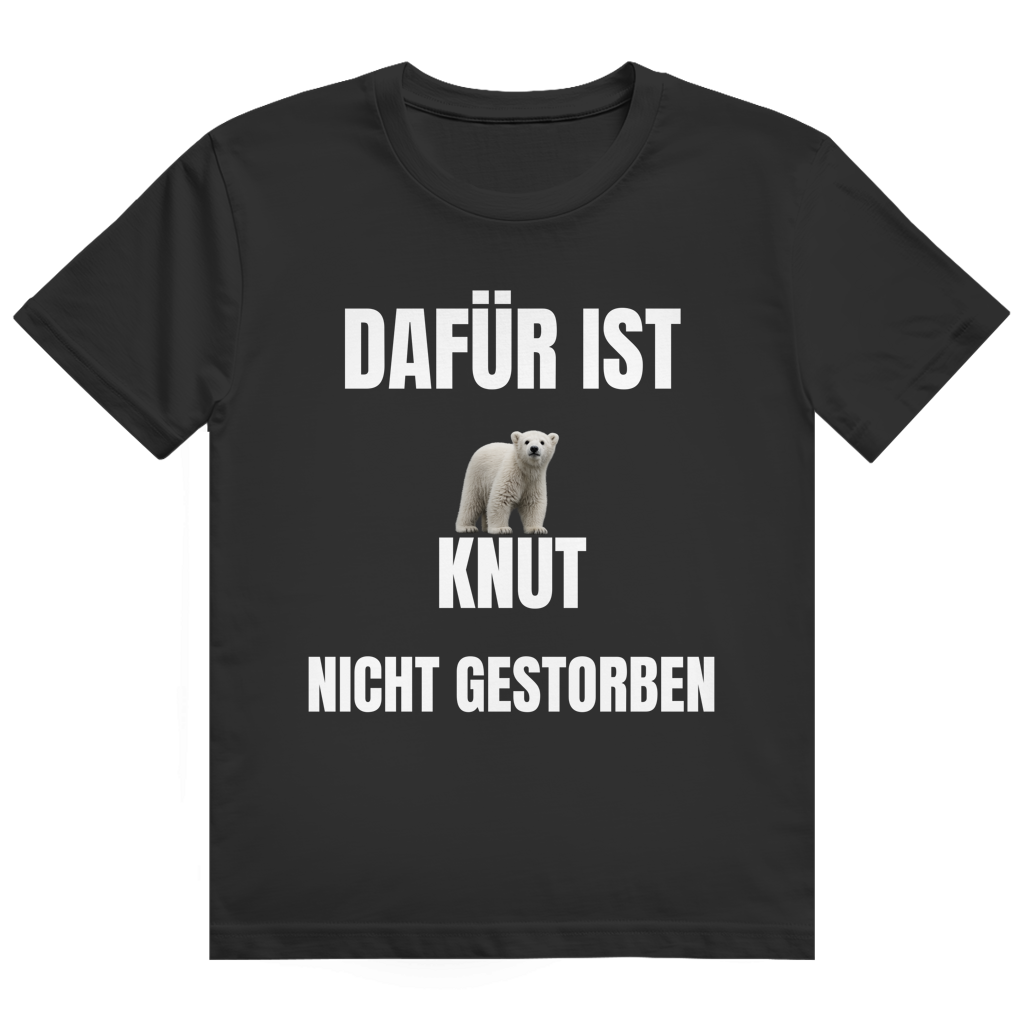 Schwarzes T-Shirt mit dem Aufdruck „Dafür ist Knut nicht gestorben" auf der Brust