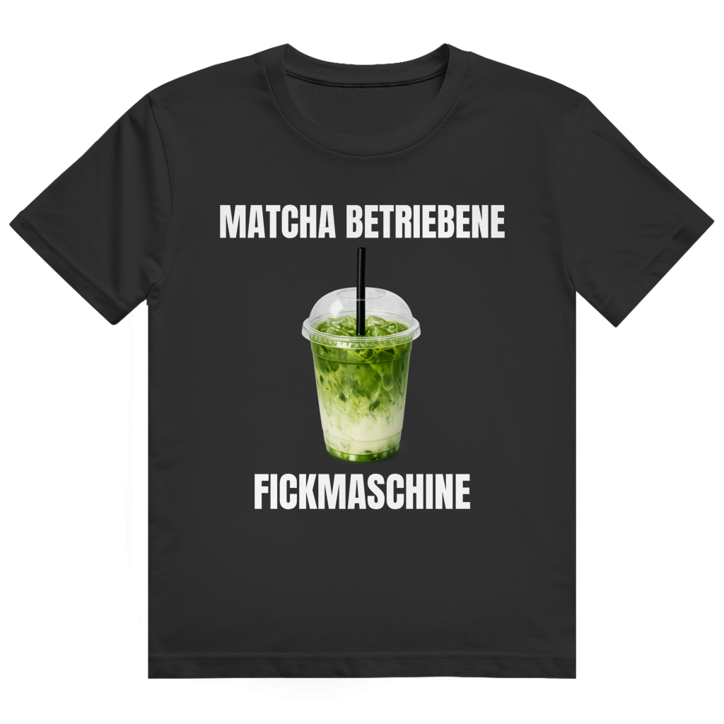 Schwarzes T-Shirt mit Spruch-Aufdruck auf der Brust, Motiv „Matcha betrieben"