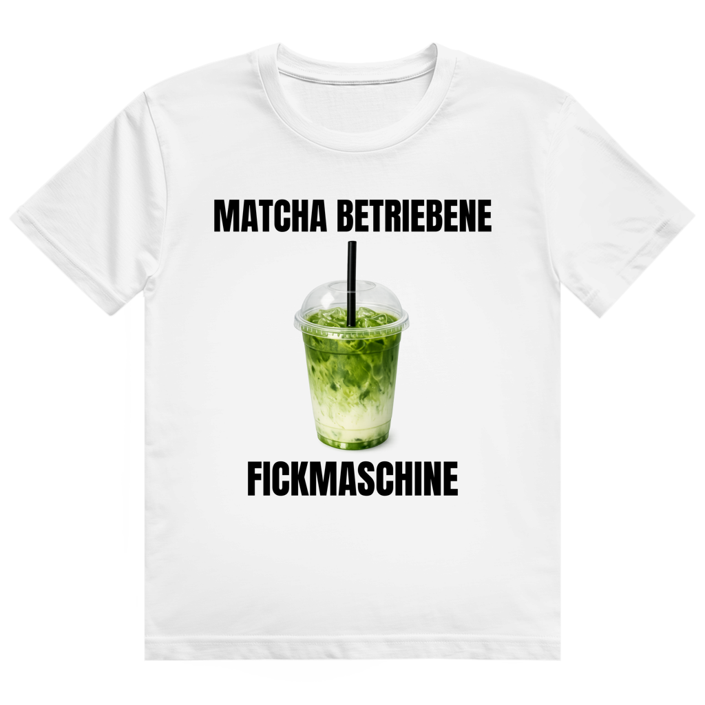 Weißes T-Shirt mit Spruch-Aufdruck auf der Brust, Motiv „Matcha betrieben"