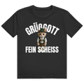 Schwarzes T-Shirt mit Katze in Tracht und dem Aufdruck „Grüßgott Fein Scheiss" auf der Brust