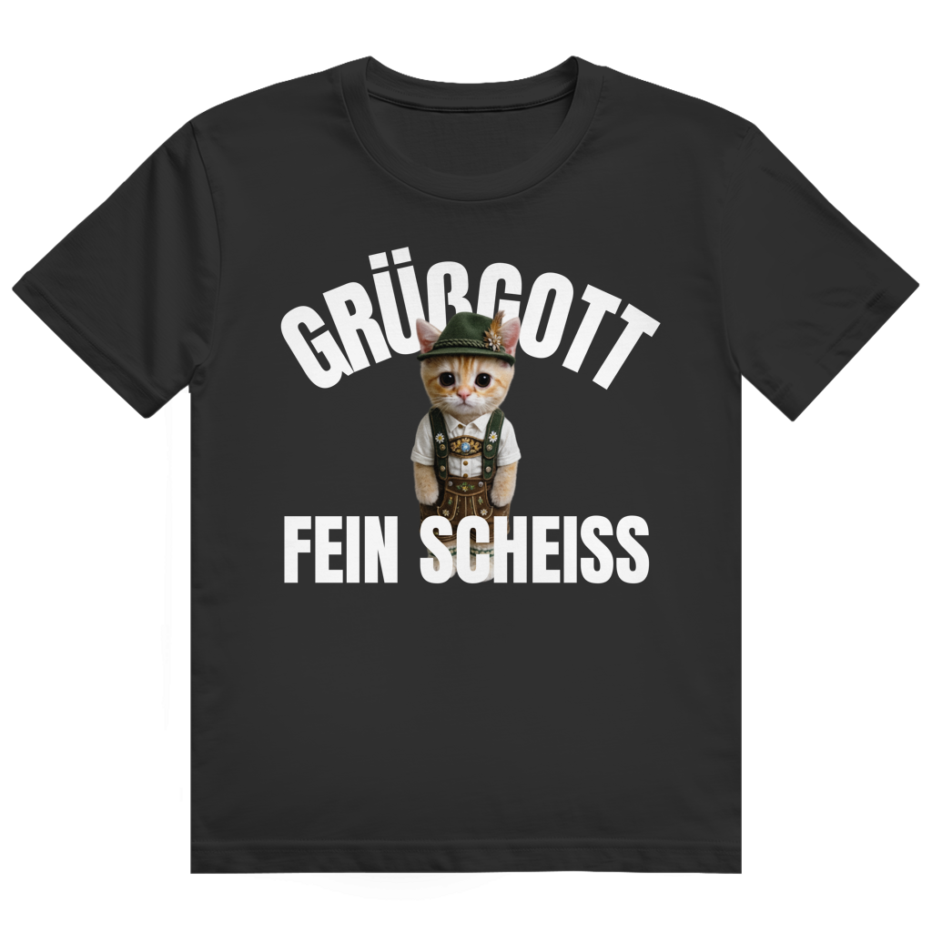 Schwarzes T-Shirt mit Katze in Tracht und dem Aufdruck „Grüßgott Fein Scheiss" auf der Brust