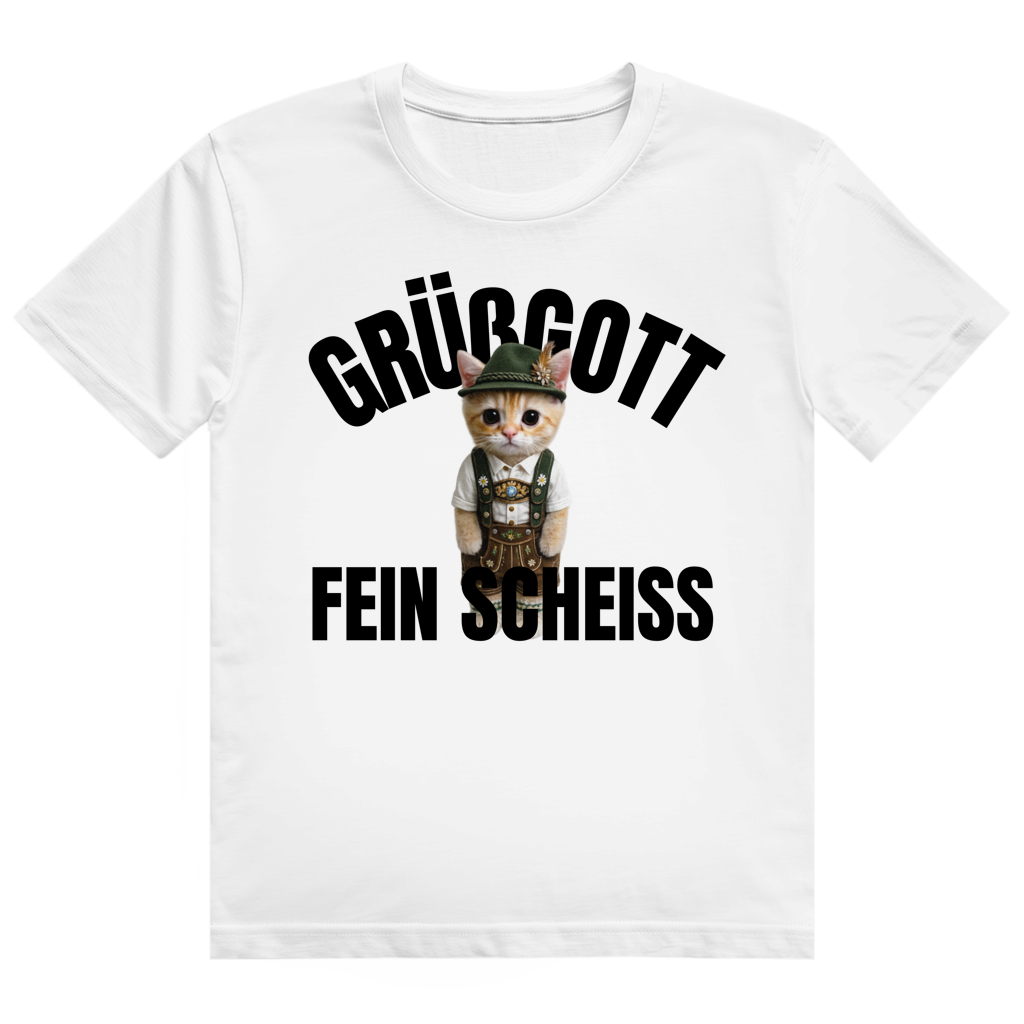Weißes T-Shirt mit Katze in Tracht und dem Aufdruck „Grüßgott Fein Scheiss" auf der Brust