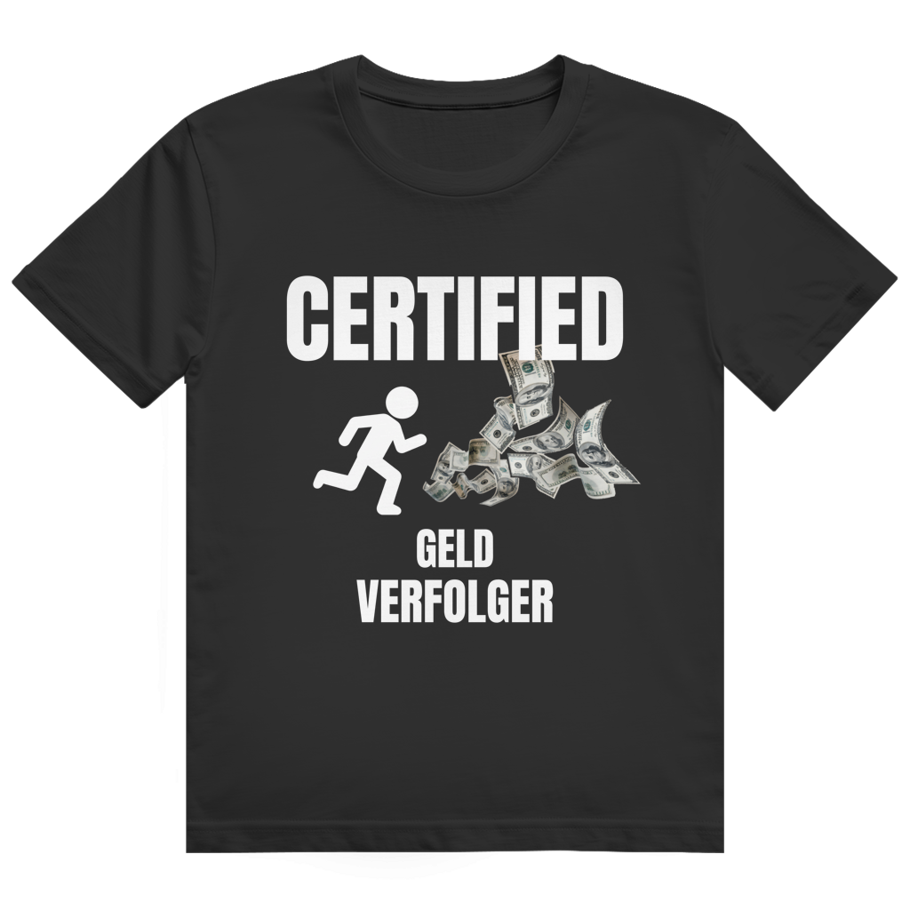 Schwarzes T-Shirt mit dem Aufdruck „Certified Geld Verfolger" auf der Brust