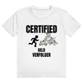 Weißes T-Shirt mit dem Aufdruck „Certified Geld Verfolger" auf der Brust
