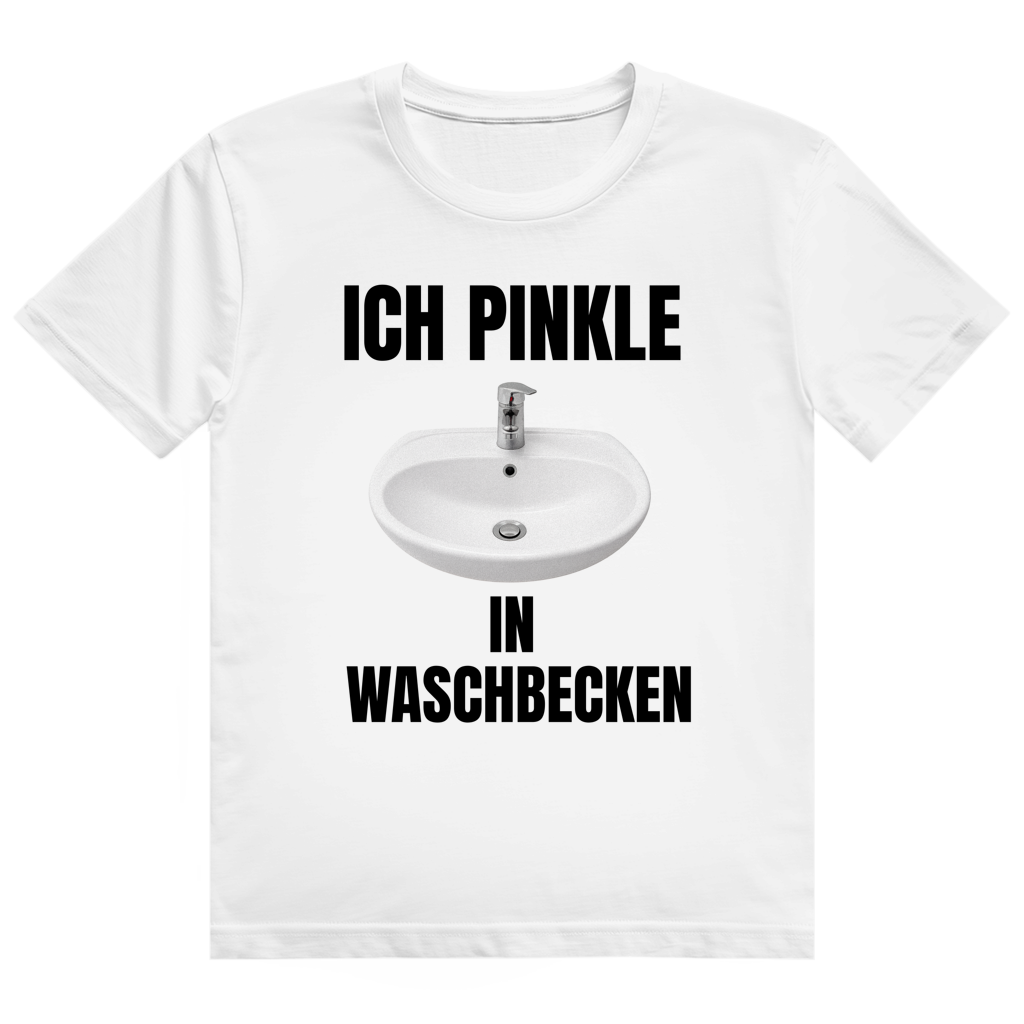 Weißes T-Shirt mit Waschbecken-Motiv und dem Aufdruck „Ich pinkle in Waschbecken" auf der Brust
