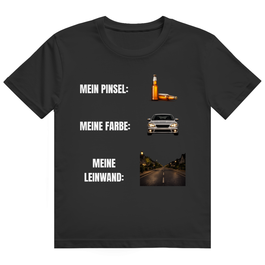 Schwarzes T-Shirt mit dem Aufdruck „Mein Pinsel, meine Farbe, meine Leinwand" und Bildern von Bierflaschen, Auto und nächtlicher Straße