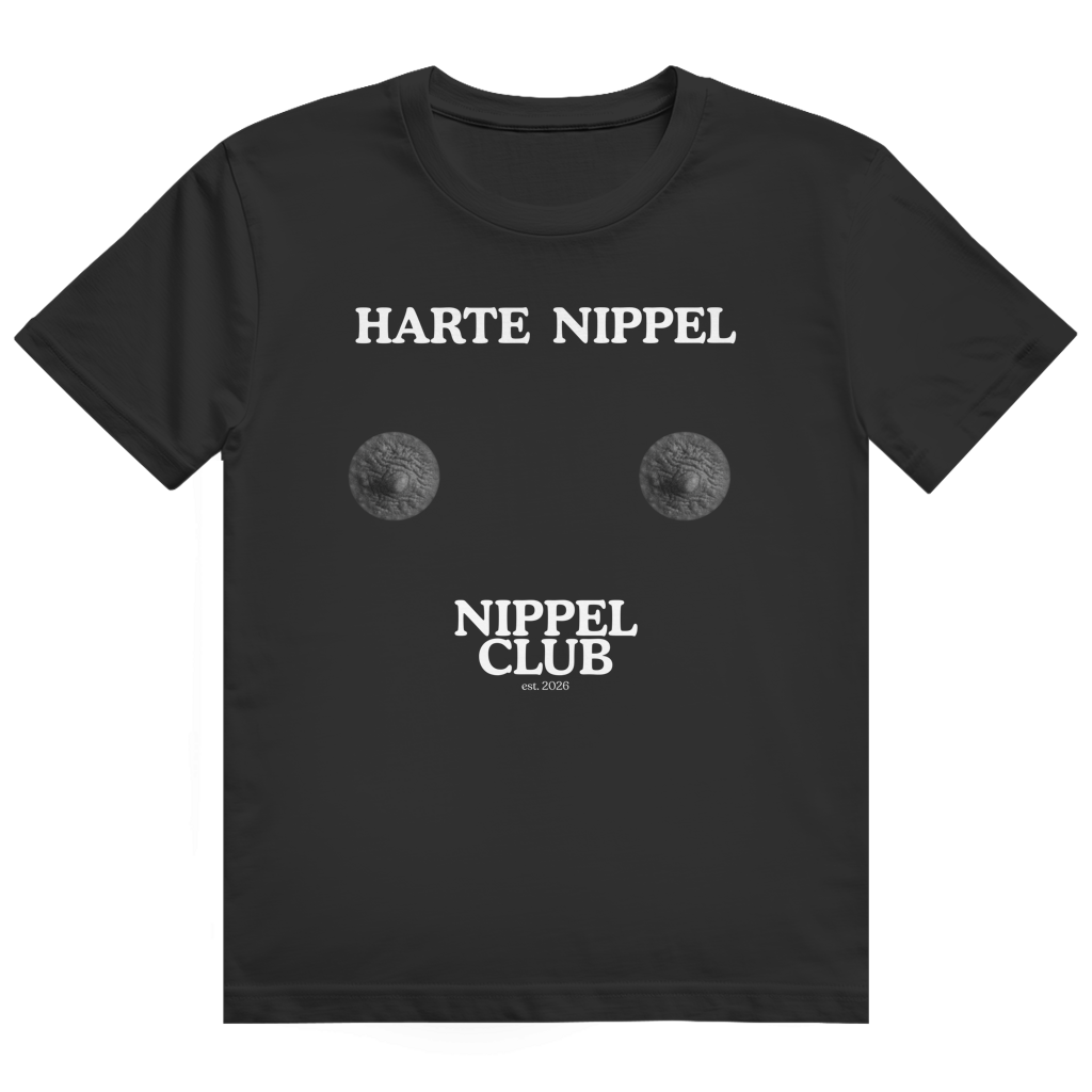 Schwarzes T-Shirt mit dem Aufdruck „Harte Nippel" und „Nippel Club" auf der Brust