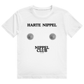 Weißes T-Shirt mit dem Aufdruck „Harte Nippel" und „Nippel Club" auf der Brust