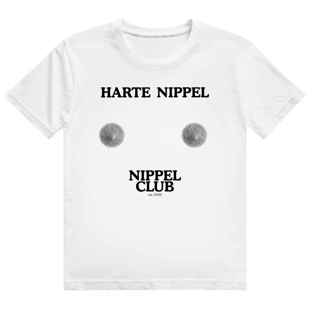 Weißes T-Shirt mit dem Aufdruck „Harte Nippel" und „Nippel Club" auf der Brust
