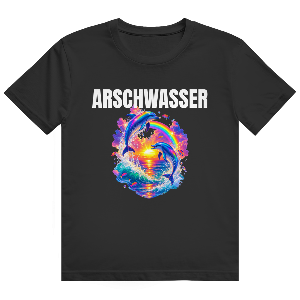 Schwarzes T-Shirt mit dem Aufdruck „Arschwasser" und einem Delfin-Sonnenuntergangs-Motiv auf der Brust