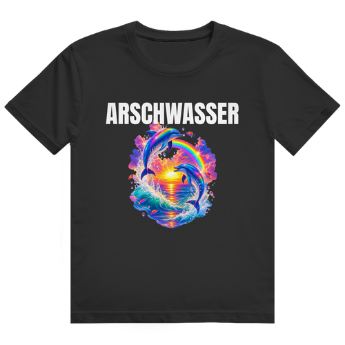 Schwarzes T-Shirt mit dem Aufdruck „Arschwasser" und einem Delfin-Sonnenuntergangs-Motiv auf der Brust