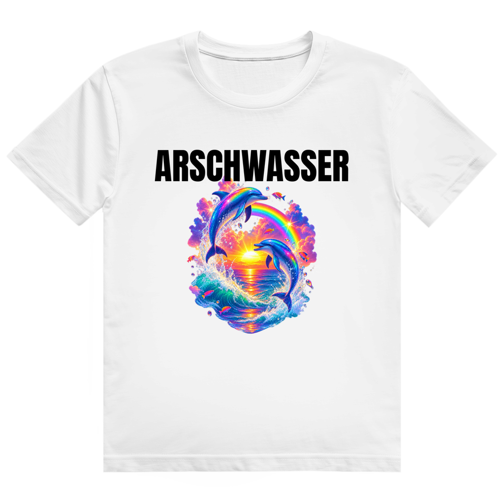 Weißes T-Shirt mit dem Aufdruck „Arschwasser" und einem Delfin-Sonnenuntergangs-Motiv auf der Brust