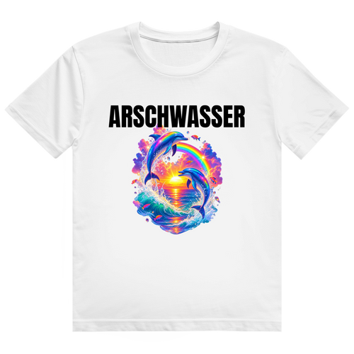 Weißes T-Shirt mit dem Aufdruck „Arschwasser" und einem Delfin-Sonnenuntergangs-Motiv auf der Brust