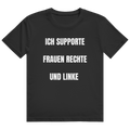 Schwarzes T-Shirt mit dem Aufdruck „Ich supporte Frauen Rechte und Linke" auf der Brust