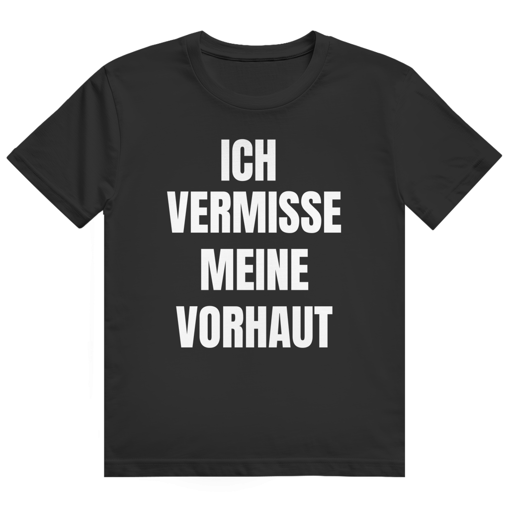 Schwarzes T-Shirt mit dem Aufdruck „Ich vermisse meine Vorhaut" auf der Brust