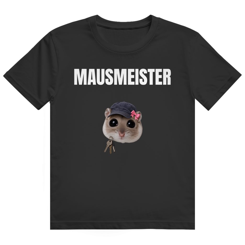 Schwarzes T-Shirt mit Aufdruck einer Maus mit Cap, Schleife und Schlüsselbund auf der Brust