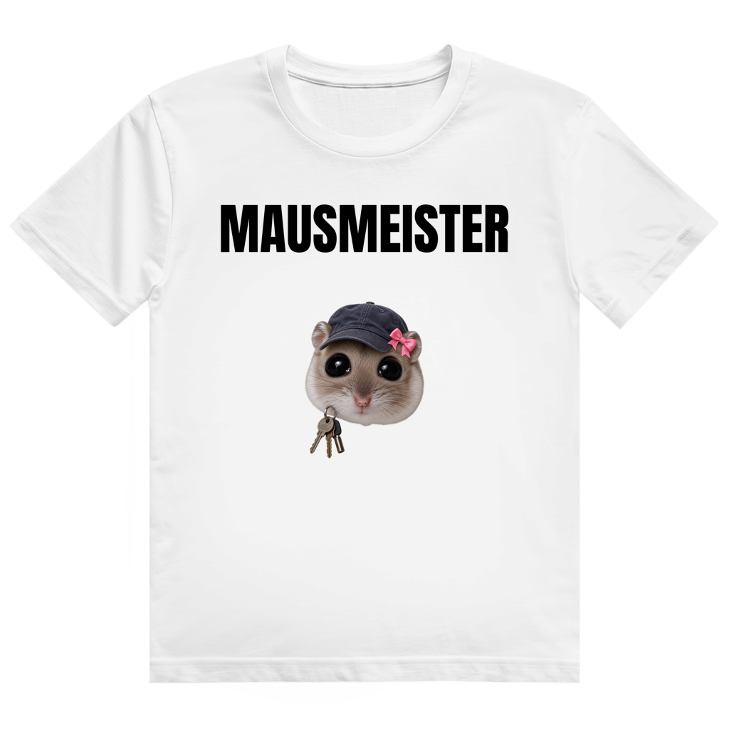 Weißes T-Shirt mit Aufdruck einer Maus mit Cap, Schleife und Schlüsselbund auf der Brust