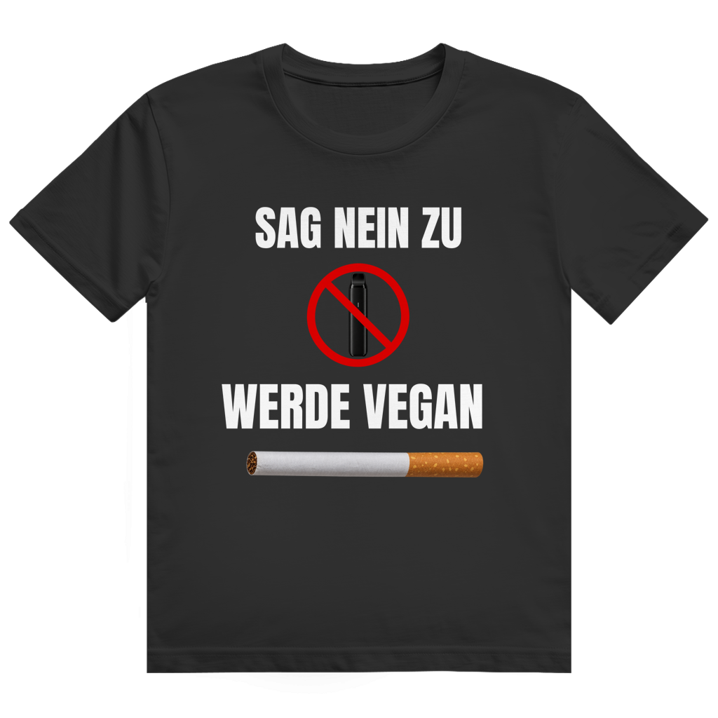 Schwarzes T-Shirt mit Aufdruck eines durchgestrichenen Vape-Symbols und einer Zigarette auf der Brust