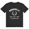 Schwarzes T-Shirt mit Vereinswappen 'Nasensport e.V.' und einer weißen Linie