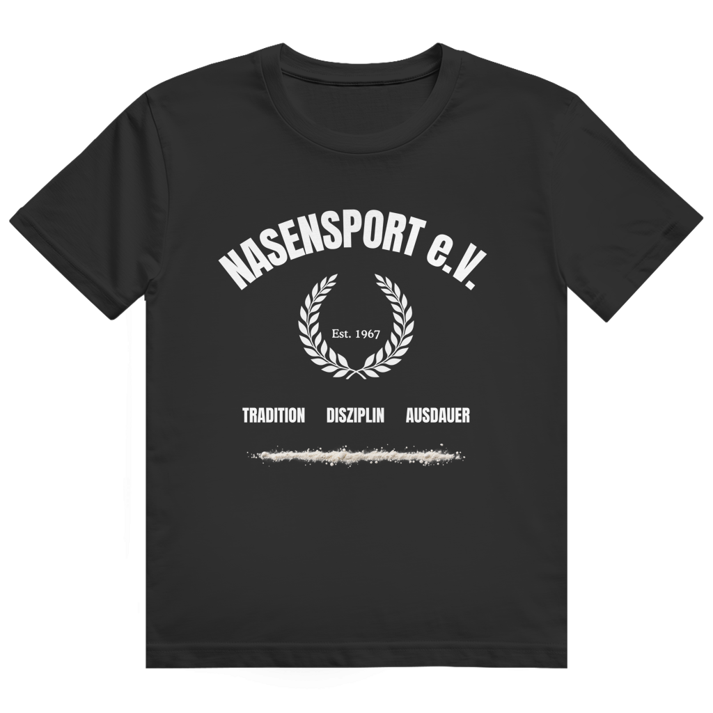 Schwarzes T-Shirt mit Vereinswappen 'Nasensport e.V.' und einer weißen Linie