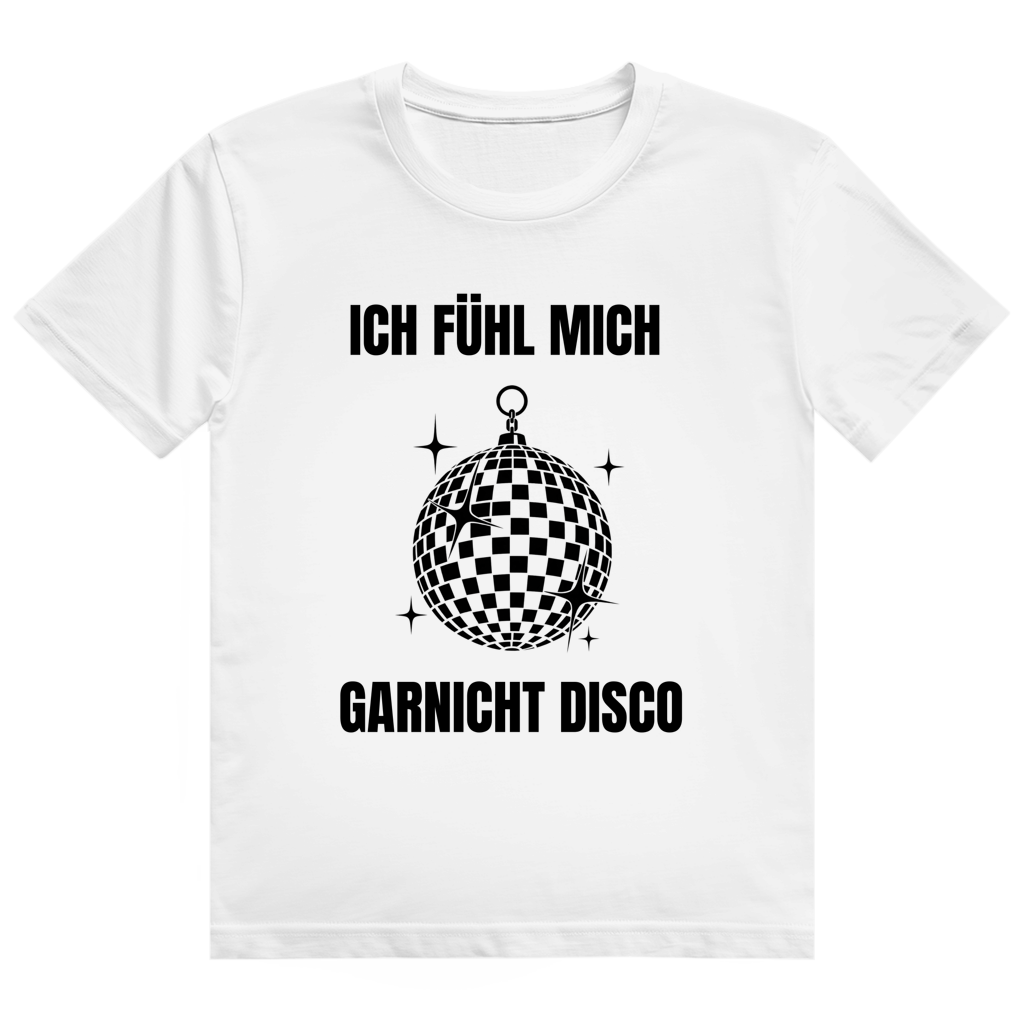Schwarzes T-Shirt mit Discokugel-Grafik und Aufdruck 'Ich fühl mich garnicht disco'