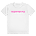 Schwarzes T-Shirt mit pinkem Schreibschrift-Aufdruck 'sorry das ich so sexy und so witzig bin ich weiß auch nicht was mit mir falsch ist'
