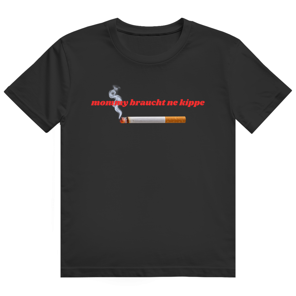 Weißes T-Shirt mit Aufdruck einer brennenden Zigarette und Schriftzug 'mommy braucht ne kippe'