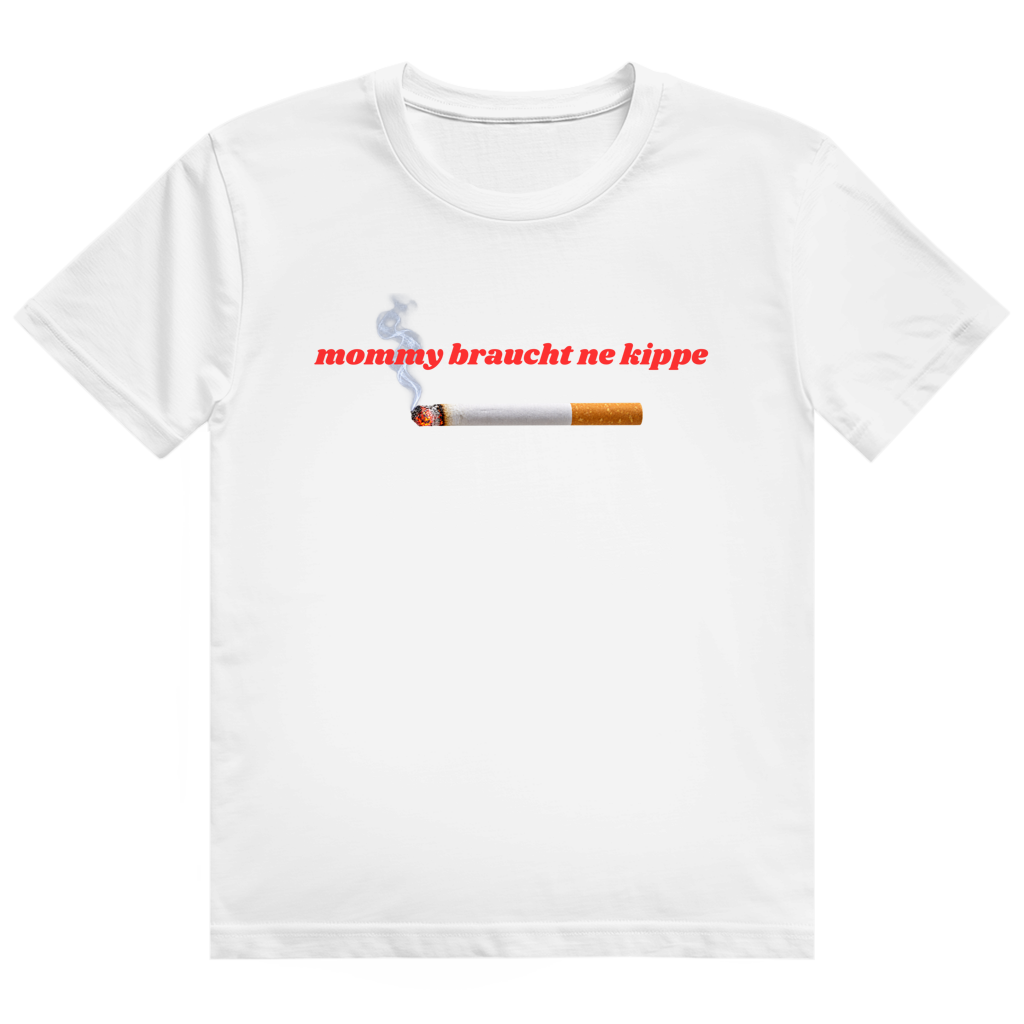 Schwarzes T-Shirt mit rotem Aufdruck einer brennenden Zigarette und Schriftzug 'mommy braucht ne kippe'