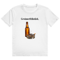 Schwarzes T-Shirt mit Aufdruck einer Bierflasche und eines Aschenbechers mit Zigarette und Schriftzug 'Gewinnerfrühstück.'
