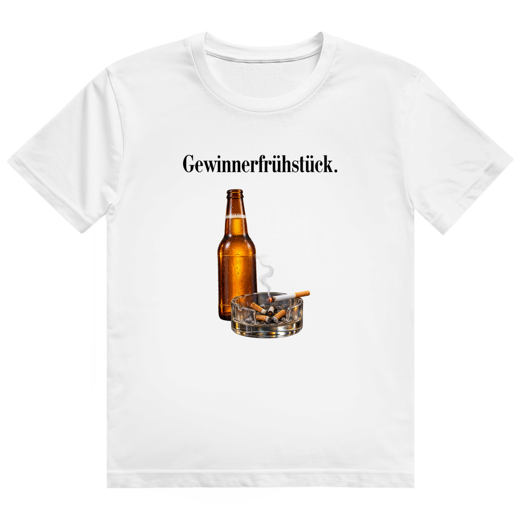 Schwarzes T-Shirt mit Aufdruck einer Bierflasche und eines Aschenbechers mit Zigarette und Schriftzug 'Gewinnerfrühstück.'
