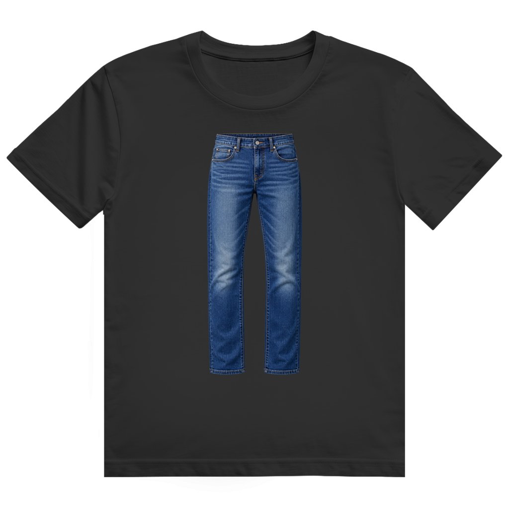 Weißes T-Shirt mit realistischem Aufdruck einer blauen Jeans