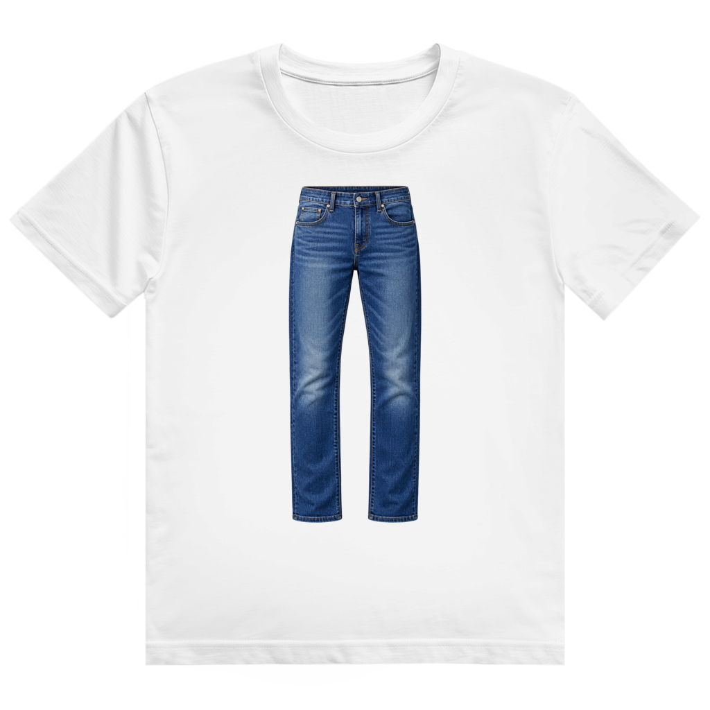 Schwarzes T-Shirt mit realistischem Aufdruck einer blauen Jeans