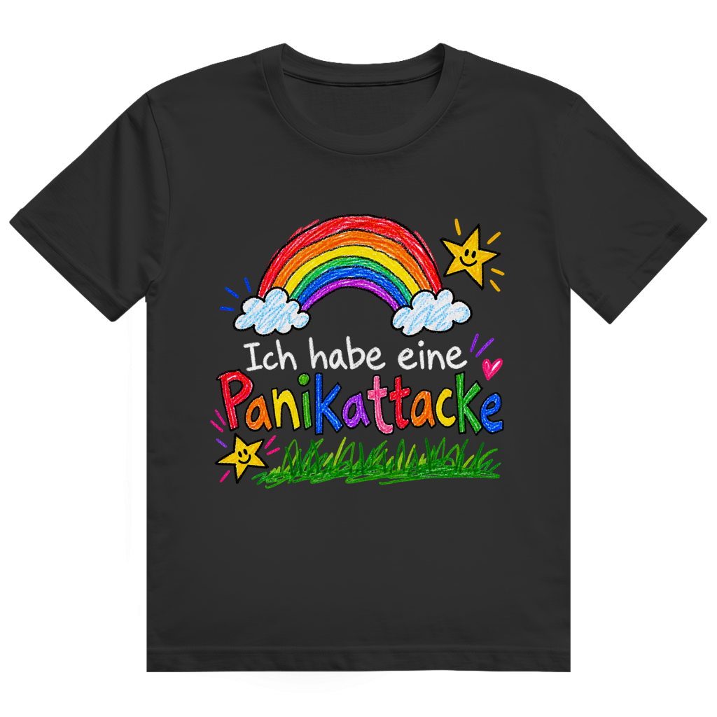 Weißes T-Shirt mit bunter Regenbogen-Kinderzeichnung und Aufdruck 'Ich habe eine Panikattacke'