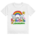 Schwarzes T-Shirt mit bunter Regenbogen-Kinderzeichnung und Aufdruck 'Ich habe eine Panikattacke'