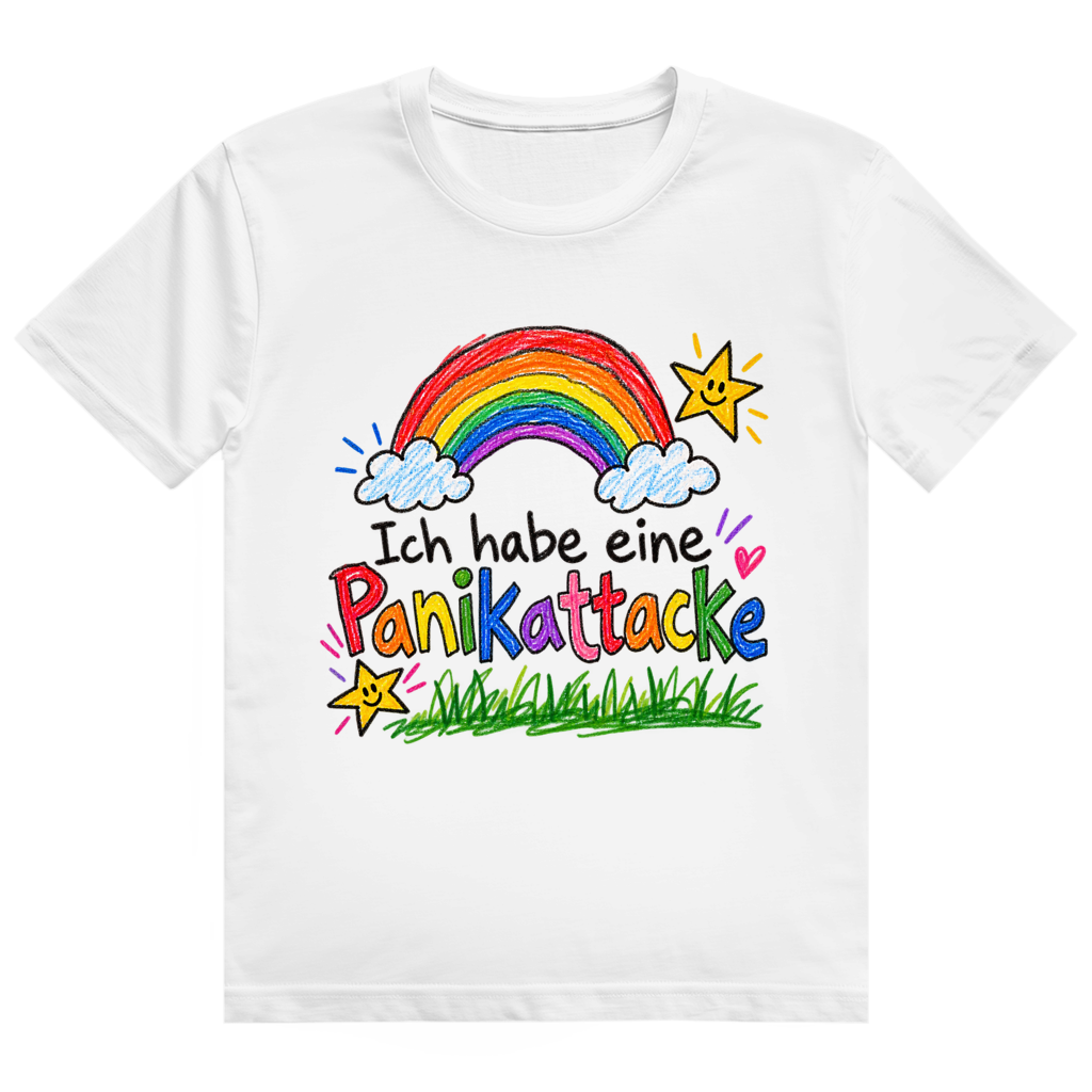 Schwarzes T-Shirt mit bunter Regenbogen-Kinderzeichnung und Aufdruck 'Ich habe eine Panikattacke'