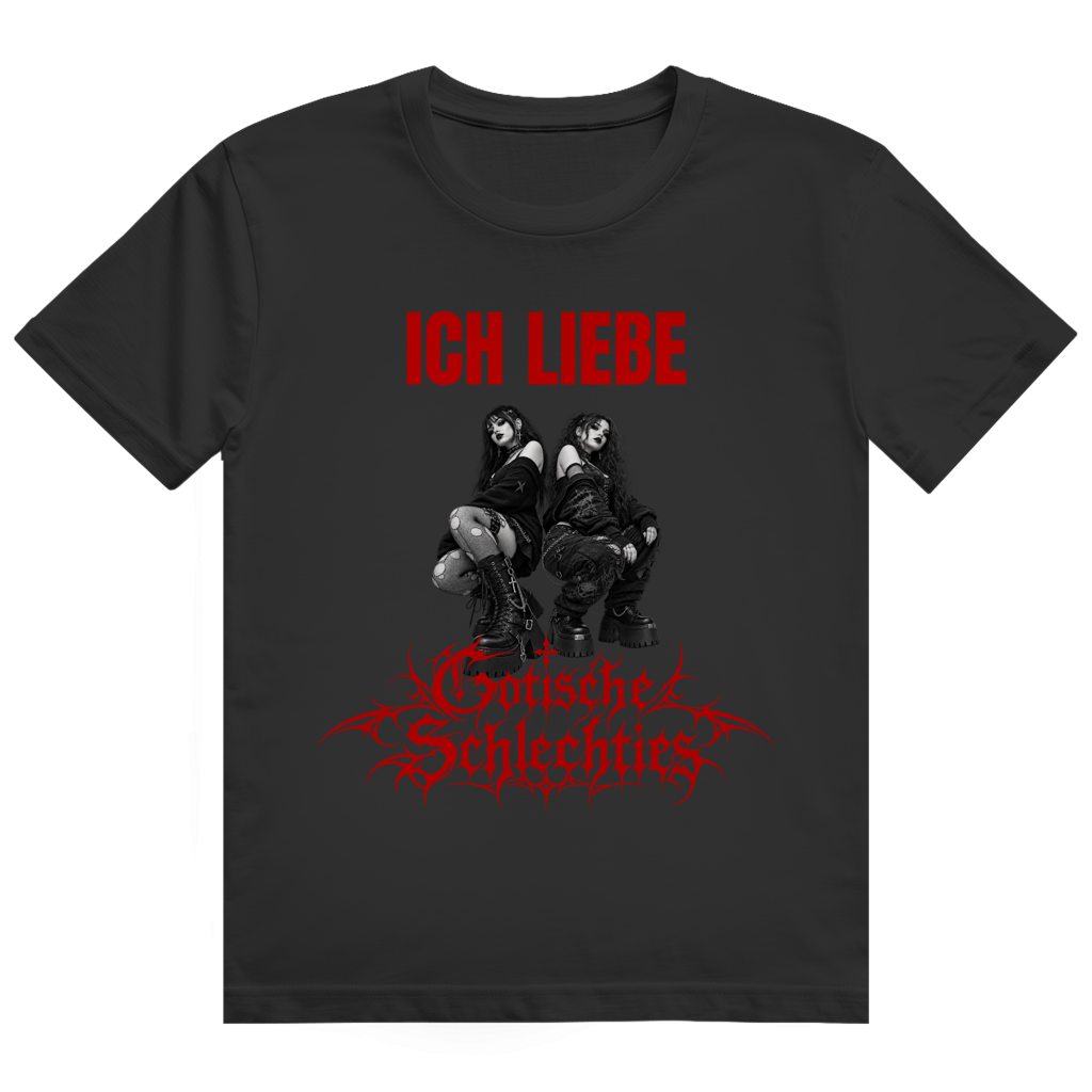 Weißes T-Shirt mit Aufdruck zweier gotisch gekleideter Frauen und rotem Schriftzug 'Ich liebe Gotische Schlechties'