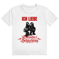 Weißes T-Shirt mit Aufdruck zweier gotisch gekleideter Frauen und rotem Schriftzug 'Ich liebe Gotische Schlechties'