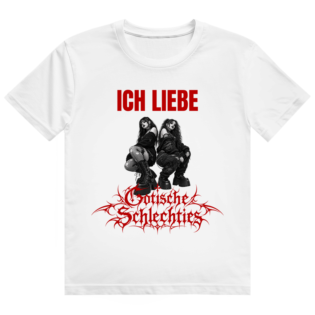 Weißes T-Shirt mit Aufdruck zweier gotisch gekleideter Frauen und rotem Schriftzug 'Ich liebe Gotische Schlechties'
