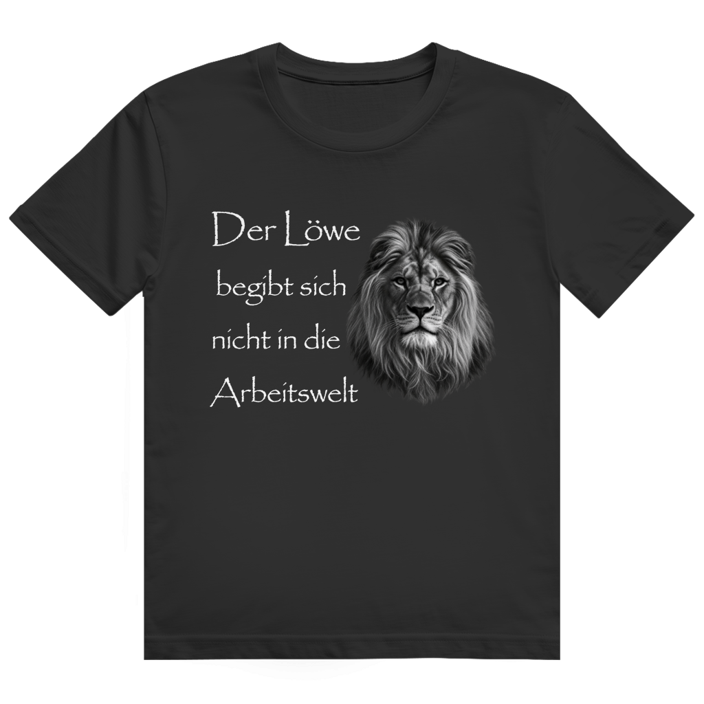Weißes T-Shirt mit majestätischem Löwen-Kopf und Aufdruck 'Der Löwe begibt sich nicht in die Arbeitswelt'