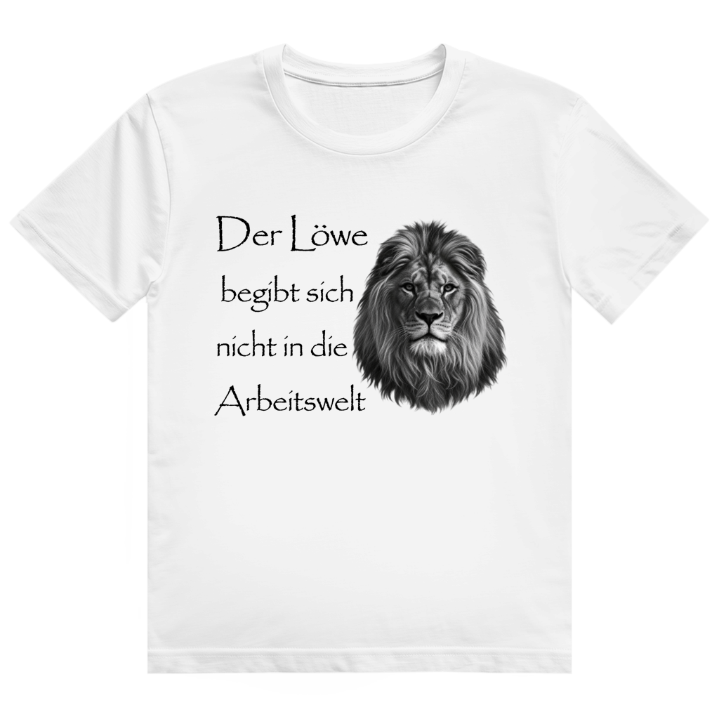Schwarzes T-Shirt mit majestätischem Löwen-Kopf und Aufdruck 'Der Löwe begibt sich nicht in die Arbeitswelt'