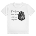 Schwarzes T-Shirt mit majestätischem Löwen-Kopf und Aufdruck 'Der Löwe kann nicht mit Geld umgehen'